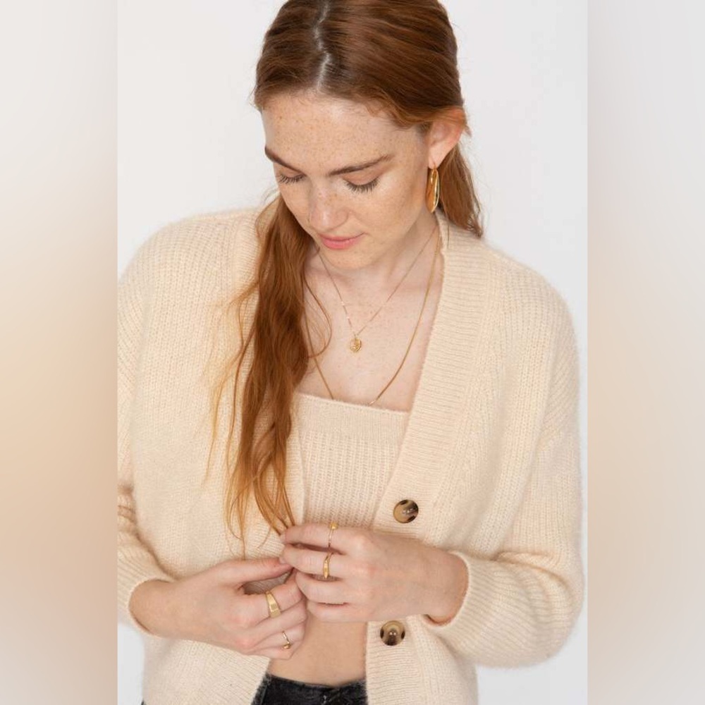 Callahan Fuzzy Knit Cropped Cardigan — Cream, Size M
